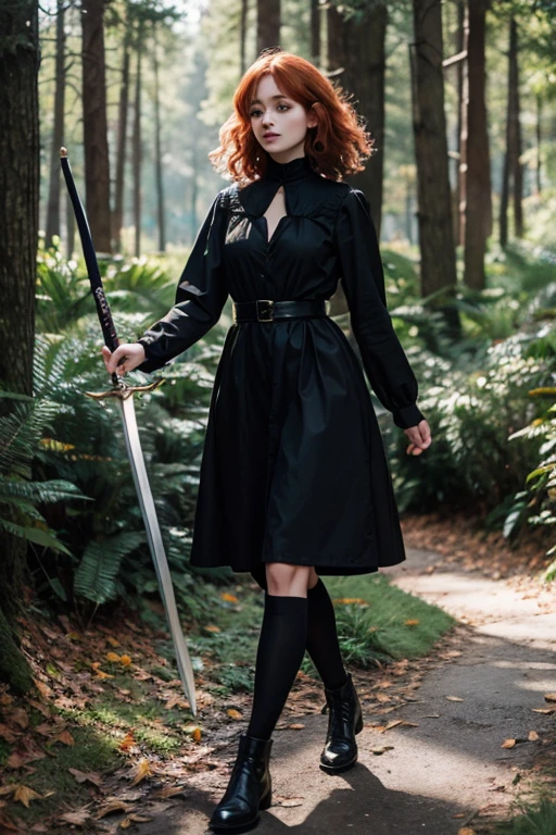 18 year old girl, Lovely, white hair, very short, Very curly, slim, flat bust, with freckles on the face, with slavic features, with long sleeve dress, yellow, whole body, shows her legs, in the castle garden, at night, holding a sword in his hand.