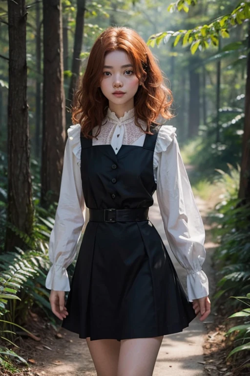  girl, Lovely, orange hair, very short, Very curly, slim, flat bust, with freckles on the face, with slavic features, with short victorian dress, black color, of long sleeve, showing her legs, In the woods, walking, holding a sword in his right hand.