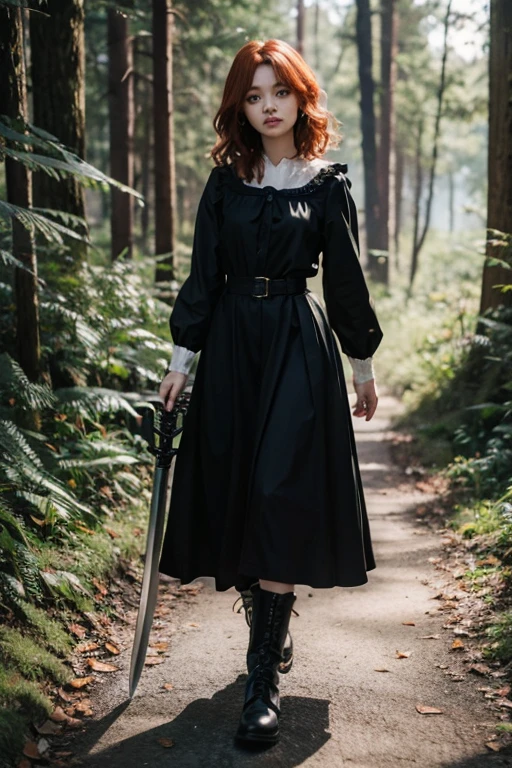 15 year old girl, Lovely, orange hair, very short, Very curly, slim, flat bust, with freckles on the face, with slavic features, with short victorian dress, black color, of long sleeve, showing her legs, In the woods, walking, holding a sword in his right hand.