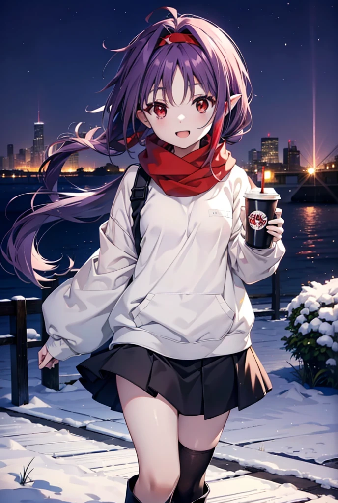 yuukikonno, Konno Yuuki, Long Hair, Pointed Ears, Purple Hair, (Red eyes:1.5), (Small breasts:1.2), Open your mouth,happy smile, smile, Open your mouth,hair band,low twin tail,Red Scarf,Oversized purple hoodie,Black pantyhose,Long skirt,short boots,Holding a paper cup of coffee in both hands,Walking,snowが降っている,snowが降り積もっている,snow,snow,snow,snow,snowが積もった木,winter,Cold Sky,night,whole bodyがイラストに入るように,
break looking at viewer,  whole body,
break outdoors, garden,
break (masterpiece:1.2), Highest quality, High resolution, unity 8k wallpaper, (figure:0.8), (Beautiful attention to detail:1.6), Highly detailed face, Perfect lighting, Highly detailed CG, (Perfect hands, Perfect Anatomy),