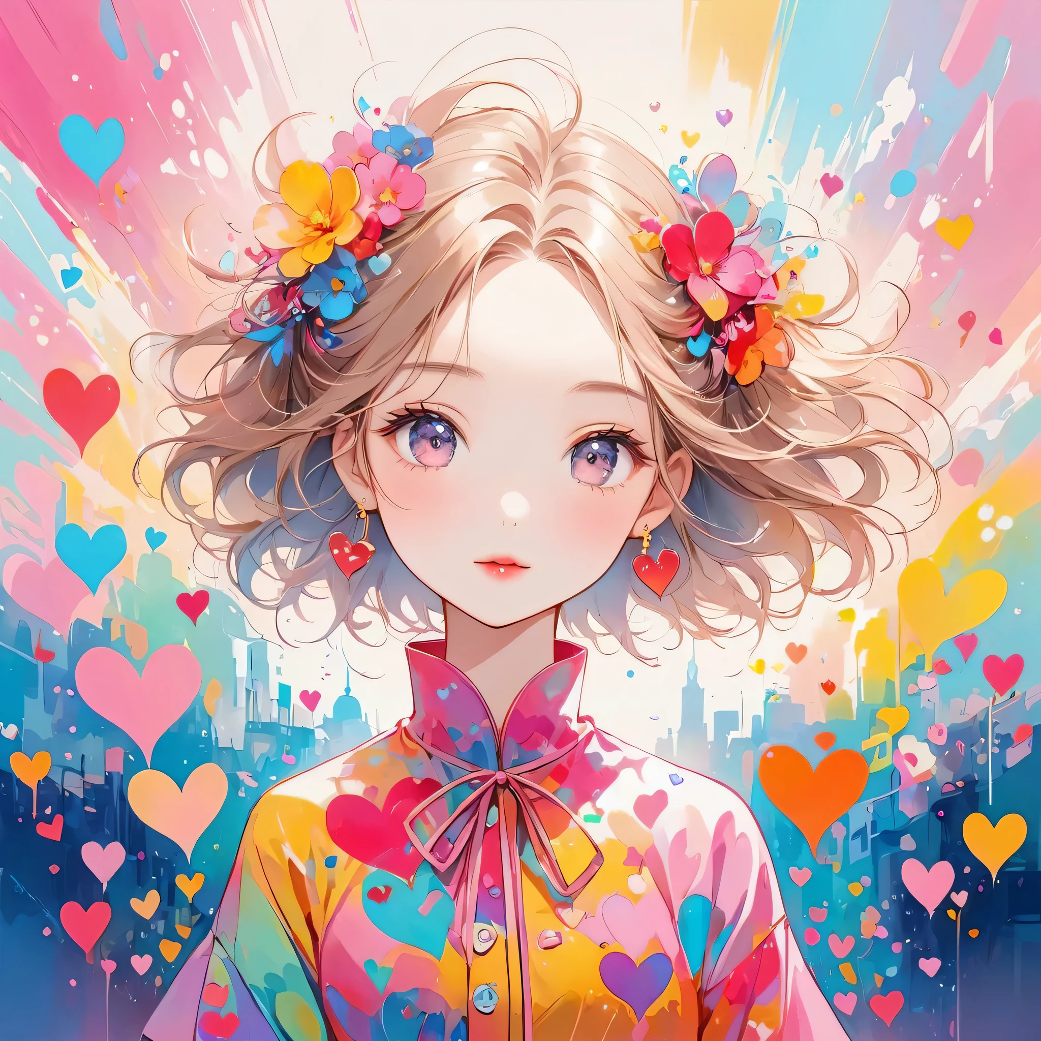 Seizo Watase Pink and White style, Simple Line Initialism,Abstract art,Urban Background, (((The most beautiful girl of all time))), Sweet face. Lips in love, colorful hearts, stylish design