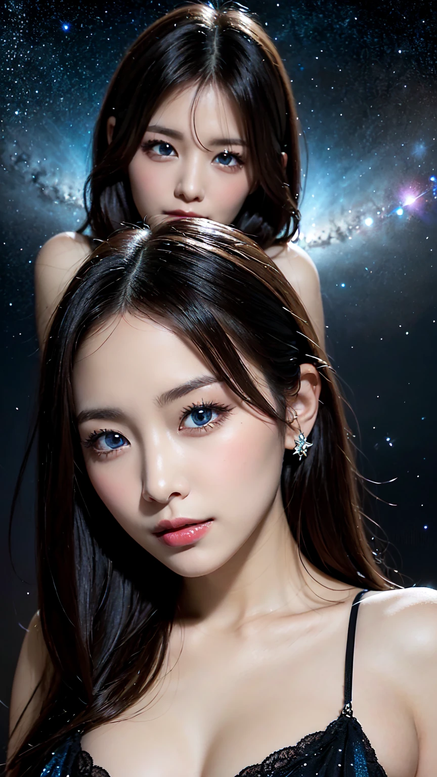 A sultry 27-year-old woman gazes directly into the camera lens, her full lips slightly upturned in a mischievous grin. Her piercing blue eyes seem to gleam with mischief as she tilts her head forward, showcasing her luscious locks and chiseled features. The focus is on her statuesque figure, boasting measurements that are the stuff of every man's fantasies. In the background, a breathtaking galaxy sprawls across the sky, its stars twinkling like diamonds against the inky blackness.