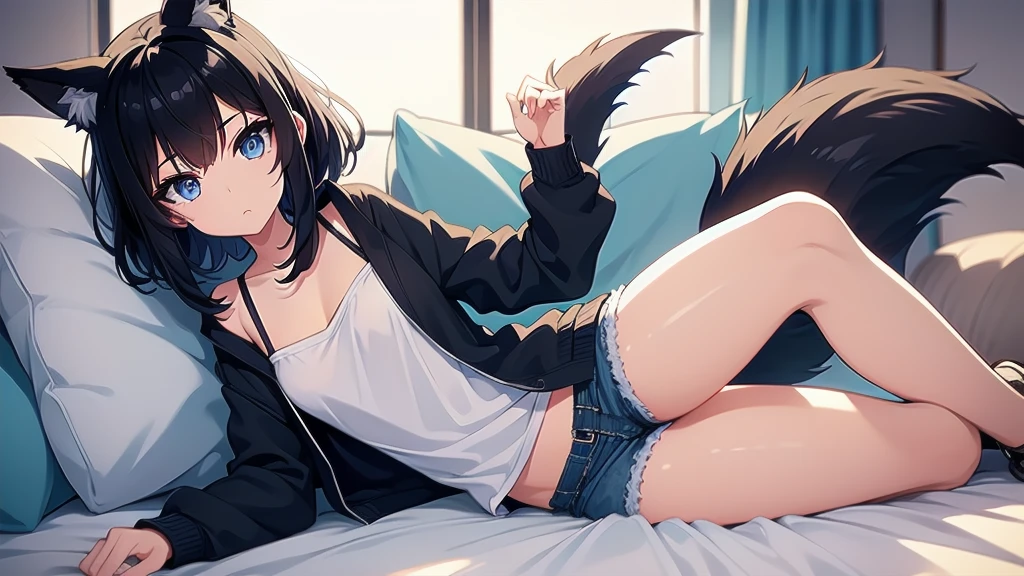 A fox girl. She has short black hair, black fox ears, black tail with white tip, blue colored eyes. Wearing a blue jacket, black shirt and blue shorts and shoes. Set in a bedroom at day full of decorations. Perfect Anime Art. Masterpiece, highres, accurate, textured skin, anatomically correct, ultra HD, 4k, perfect details, best quality