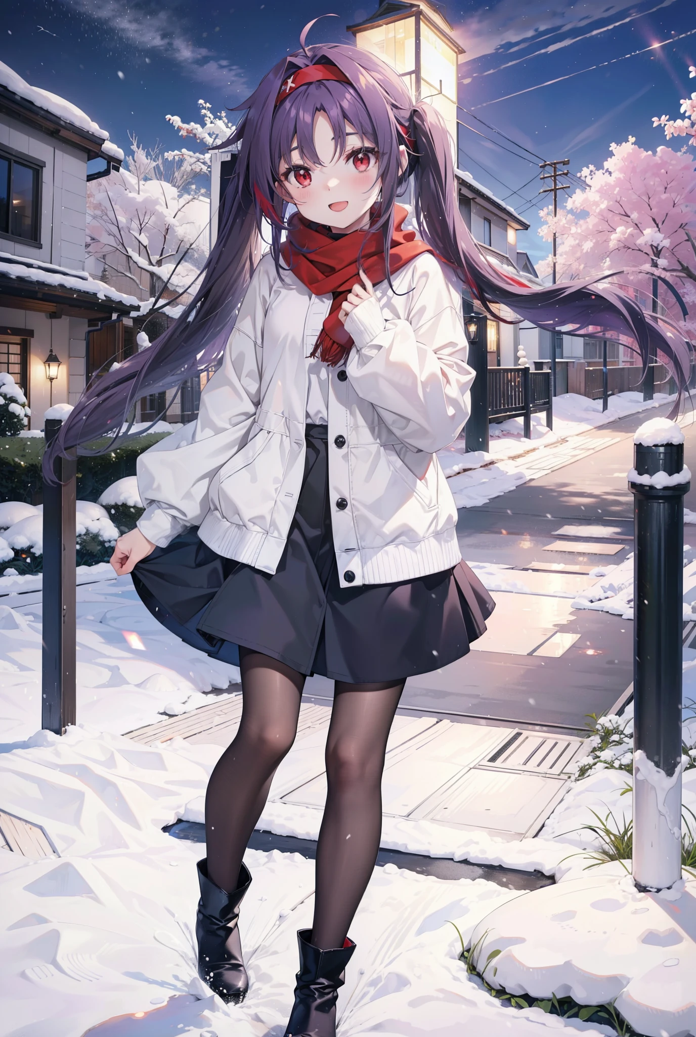 yuukikonno, Konno Yuuki, Long Hair, Pointed Ears, Purple Hair, (Red eyes:1.5), (Small breasts:1.2), Open your mouth,happy smile, smile, Open your mouth,hair band,low twin tail,Red Scarf,Oversized purple hoodie,Black pantyhose,Long skirt,short boots,Holding a paper cup of coffee in both hands,Walking,snowが降っている,snowが降り積もっている,snow,snow,snow,snow,snowが積もった木,winter,Cold Sky,night,whole bodyがイラストに入るように,
break looking at viewer, whole body,
break outdoors, garden,
break (masterpiece:1.2), Highest quality, High resolution, unity 8k wallpaper, (figure:0.8), (Beautiful attention to detail:1.6), Highly detailed face, Perfect lighting, Highly detailed CG, (Perfect hands, Perfect Anatomy),