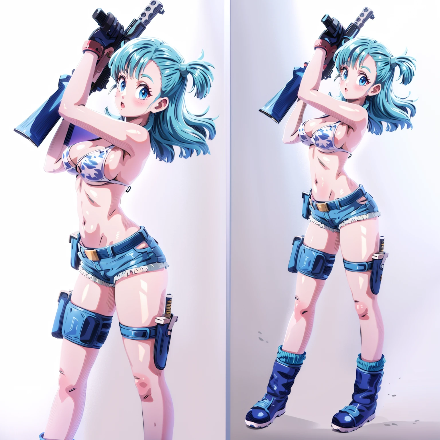 1girl, 独奏, gun, weapon, shorts, swimsuit, bulma, holster, boots, 比基尼, blue hair, gloves, breasts, blue eyes, one side up, 比基尼 top only, denim shorts, thigh holster, blue shorts, denim, short shorts, cleavage, navel, medium breasts, handgun, full body, long hair, midriff, belt, thigh strap，Red Hair