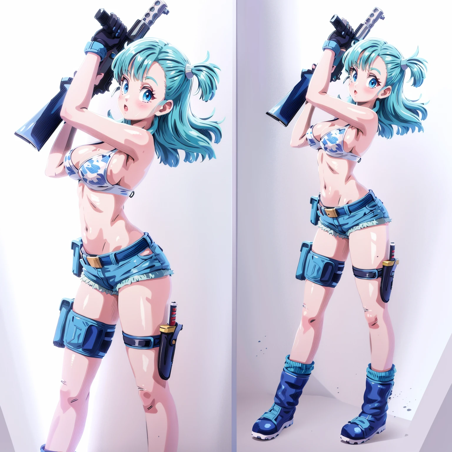 1girl, 独奏, gun, weapon, shorts, swimsuit, bulma, holster, boots, 比基尼, blue hair, gloves, breasts, blue eyes, one side up, 比基尼 top only, denim shorts, thigh holster, blue shorts, denim, short shorts, cleavage, navel, medium breasts, handgun, full body, long hair, midriff, belt, thigh strap，Red Hair