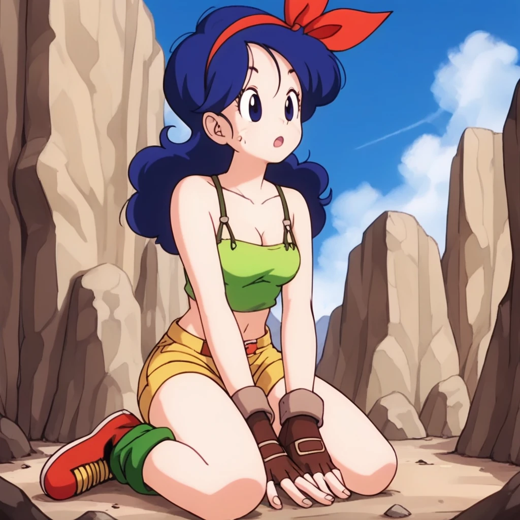 source_anime, score_9, score_8_up, score_7_up, anime screencap, high quality, launch good, 1girl, solo, blue hair, breasts, fingerless gloves, shorts, from below, blue eyes, cleavage, green crop top, long hair, sky, open mouth, cloud, curly hair, blue sky, midriff, day, medium breasts, outdoors, :o, brown gloves, ribbon, short shorts, red hairband, bare shoulders, sitting, collarbone, yellow shorts, shirt, red footwear, looking at another, hands on floor, green legwear, eyelashes, dirty, dirty face, canyon, sweatdrop