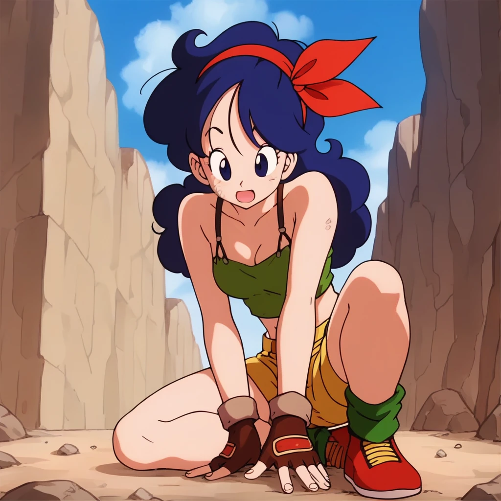 source_anime, score_9, score_8_up, score_7_up, anime screencap, high quality, launch good, 1girl, solo, blue hair, breasts, fingerless gloves, shorts, from below, blue eyes, cleavage, green crop top, long hair, sky, open mouth, cloud, curly hair, blue sky, midriff, day, medium breasts, outdoors, :o, brown gloves, ribbon, short shorts, red hairband, bare shoulders, sitting, collarbone, yellow shorts, shirt, red footwear, looking at another, hands on floor, green legwear, eyelashes, dirty, dirty face, canyon, sweatdrop