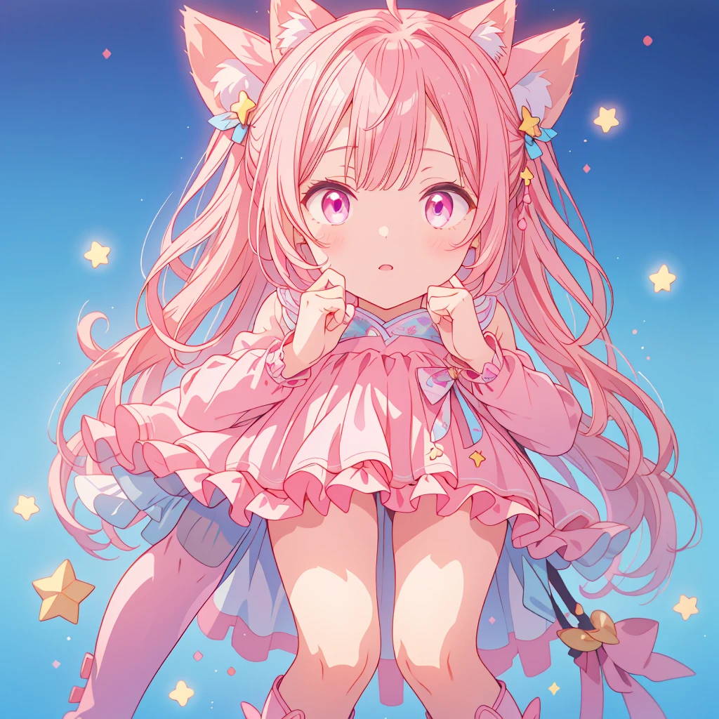 1girl、Standing in front of the viewer、Original, unique and cute hairstyle、Star Fairy、Star incarnation、Character design front view、vtuber-fullbody,Cute With a girl cat ears、Japanese anime style、Moe、(Full body 2.0)、(Only 1 person 2.1)、(No background 1.8)、Lifelike and detailed body、、With a girl、Childish、10 years old、Hair length、Bans、Pink Hair、Lifelike and detailed face、Beautiful eyes with realistic detail,、 Real and highly delicate arms and hands、A highly realistic and detailed human hand(Five fingers)、The most beautiful girl in the world、Delicate and beautiful pink cat eyes、Real skin texture、Private Server、Lolita、mini skirt、(Lifelike and detailed pink stockings 2.5)、(Lifelike long boots 1.5)