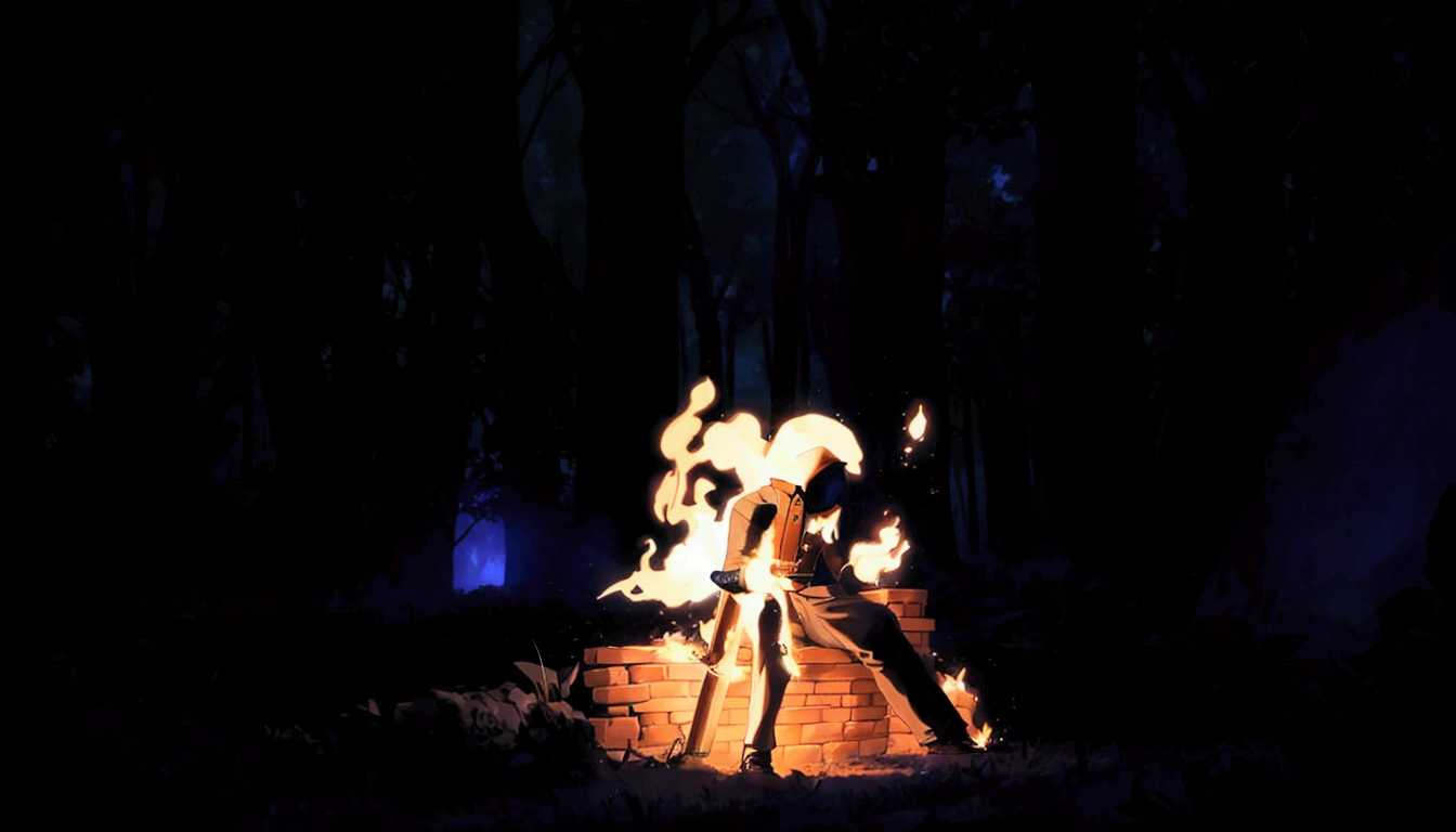 There is a brick firing in the middle of the dark forest