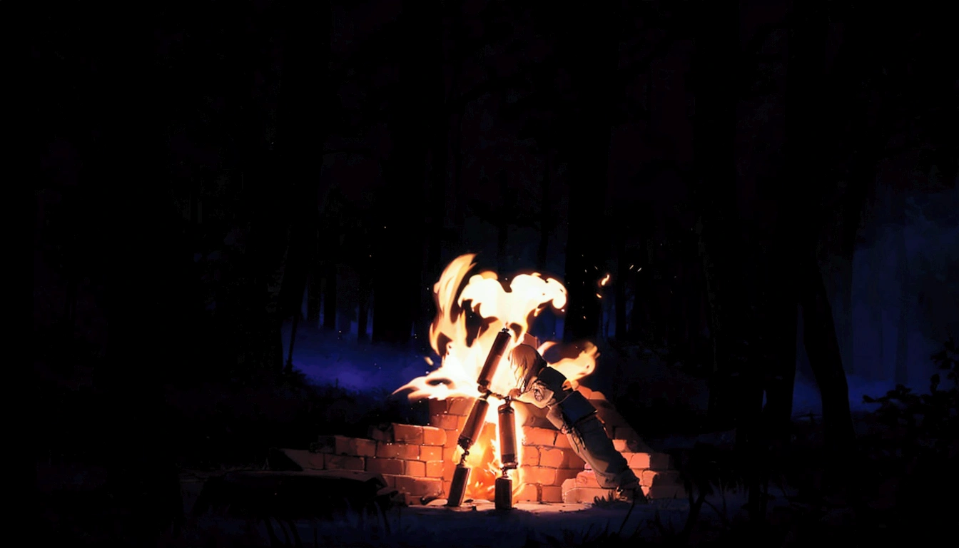 There is a brick firing in the middle of the dark forest