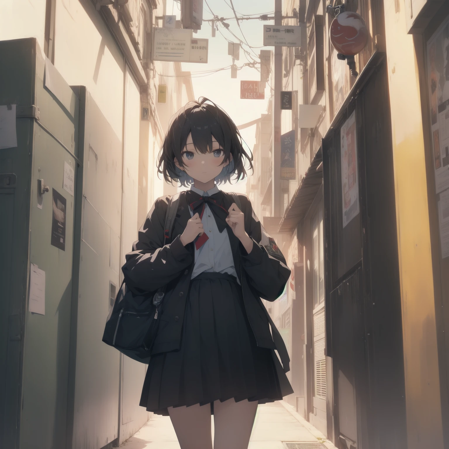 ultra-absurdres-Top quality by artist God, ultra-detailed, high resolution, anime moe artstyle, best anime 8k konachan wallpaper, pixiv contest winner, pool:2810, perfect anatomy,break, 1girl, (Please draw a girl walking sleepily to school alone. )break,(Solo,little female, 13-year-old:1.3),Full limbs, complete fingers,a junior high school student, (very short hair), short cut, flat chest, , small butt, small black eyes, beautiful detailed eyes, well-proportioned iris and pupils, expressive eyes, highres detailed hair, soft expression, salor school_uniform, sailor collar, serahuku, bow, pleated skirt,(Detailed Lighting), (Detailed background), in the School commute route. break,super detailed skin, Best cinematic lighting powered by famous artist, 8k,beauty illustration,photoshop_(medium),very aesthetic,break,((artist:yuuhagi_(amaretto-no-natsu) )), artist:clamp ,artist:carnelian ,artist:kantoku ,