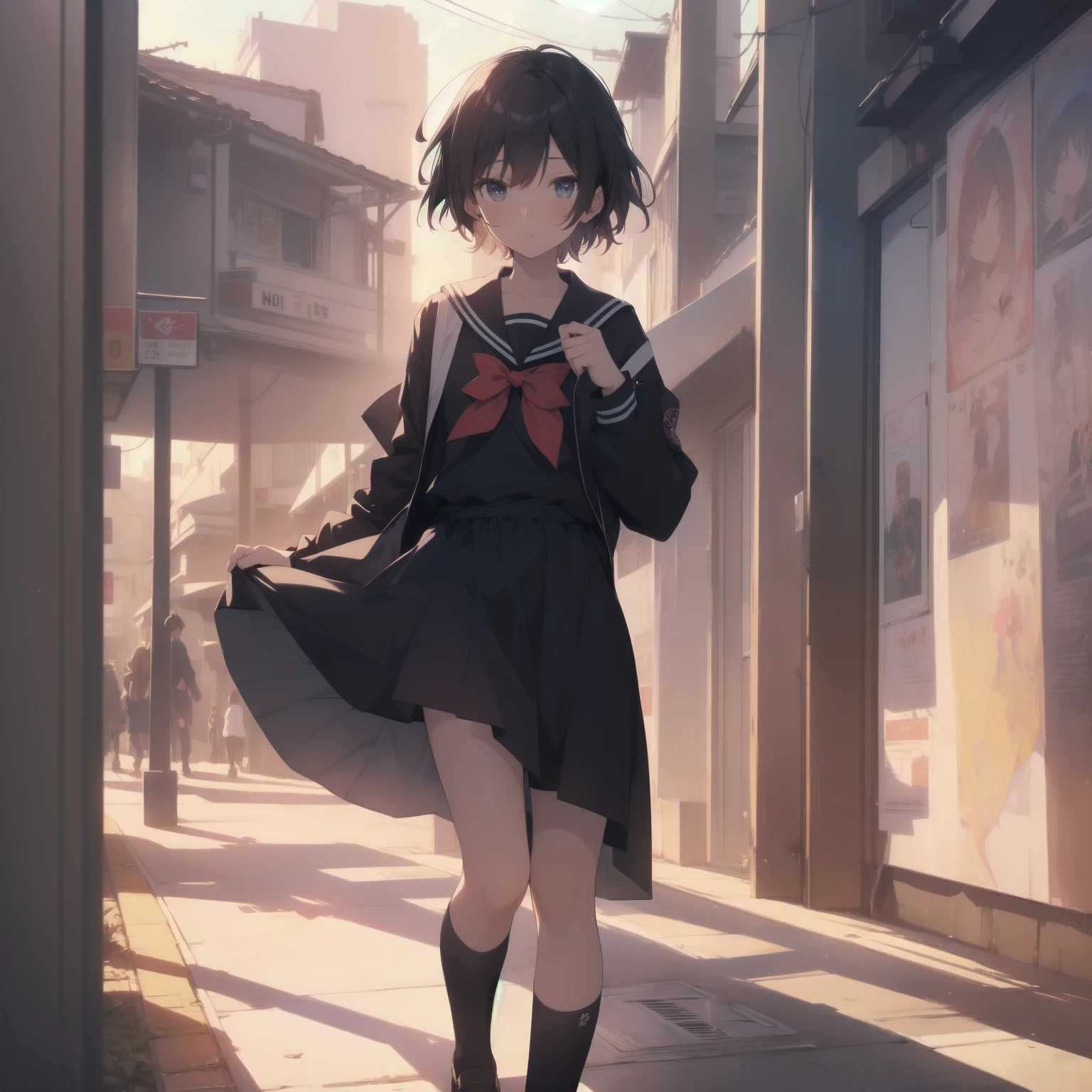 ultra-absurdres-Top quality by artist God, ultra-detailed, high resolution, anime moe artstyle, best anime 8k konachan wallpaper, pixiv contest winner, pool:2810, perfect anatomy,break, 1girl, (Please draw a girl walking sleepily to school alone. )break,(Solo,little female, 13-year-old:1.3),Full limbs, complete fingers,a junior high school student, (very short hair), short cut, flat chest, , small butt, small black eyes, beautiful detailed eyes, well-proportioned iris and pupils, expressive eyes, highres detailed hair, soft expression, salor school_uniform, sailor collar, serahuku, bow, pleated skirt,(Detailed Lighting), (Detailed background), in the School commute route. break,super detailed skin, Best cinematic lighting powered by famous artist, 8k,beauty illustration,photoshop_(medium),very aesthetic,break,((artist:yuuhagi_(amaretto-no-natsu) )), artist:clamp ,artist:carnelian ,artist:kantoku ,
