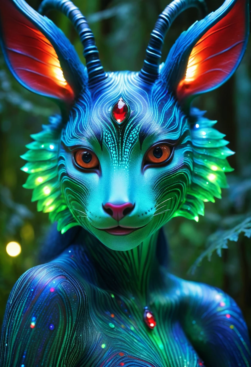 An exquisite mythical creature of the forest,Skin smooth as silk,It has a delicate pattern of spots and stripes,Seems to sparkle in the night, 8K, Colored lights, vivid, Ultra Detailed, Surreal photography ,blue,Red,green,blue