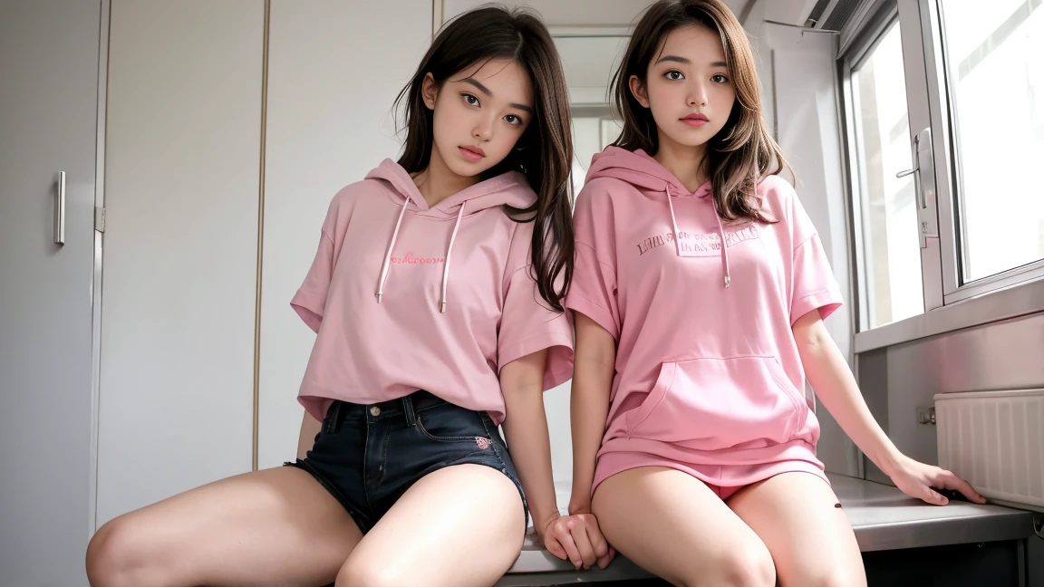 deux femmes ensemble de 18 ans sexy et mince , pink short sleeve hoodie , salle de classe, se touche,position sey,sensuel,visible legs,