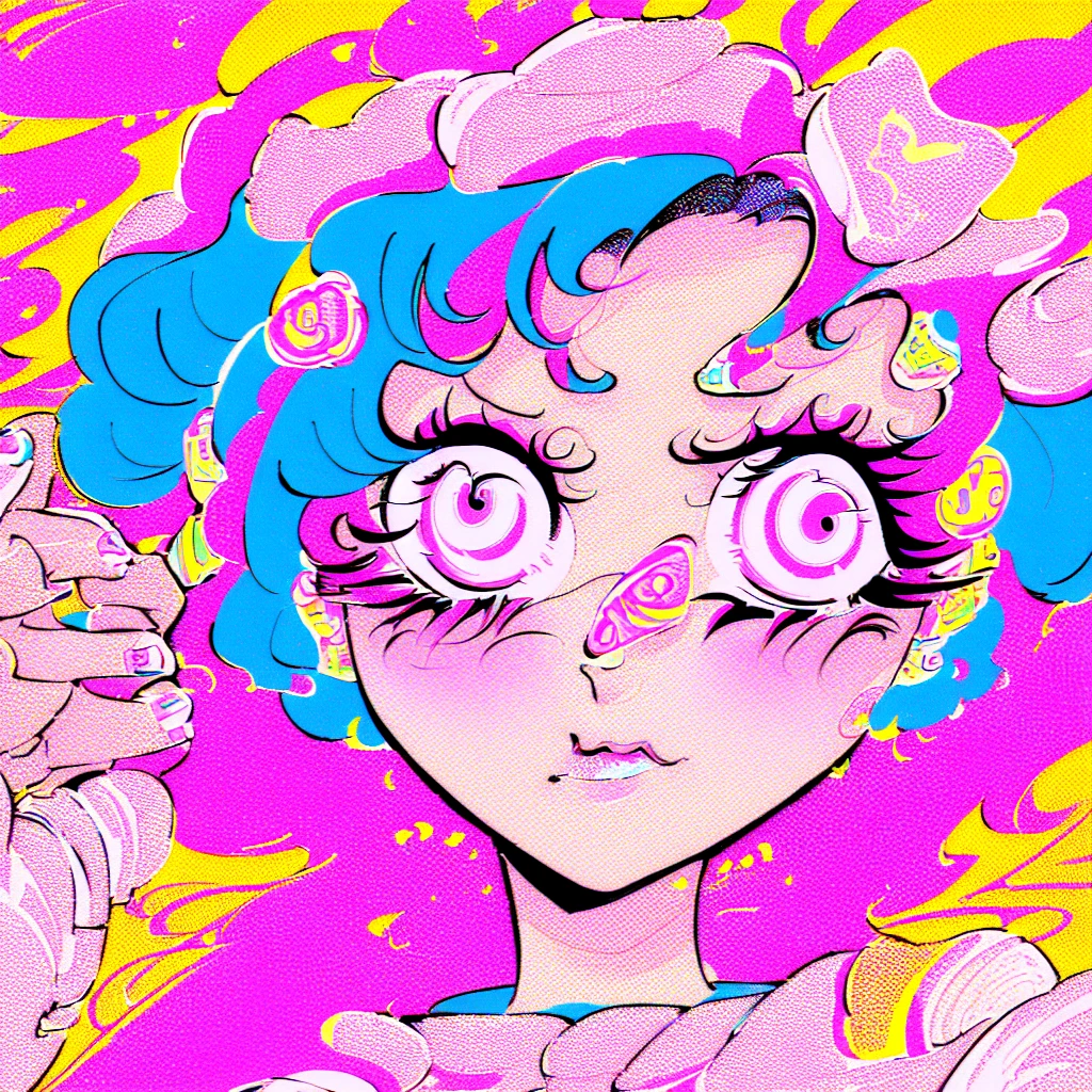 (masterpiece), Highest quality, One girl, Part your lips, Upper Body, bangs, Pastel background,((Grainy Halftone Screen,popart,Mixed Media,Vaporwave)),((Lichtenstein-style drawing)),(blue eyes,Wearing headphones)