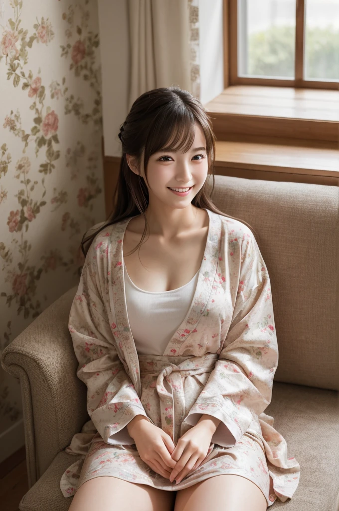 (8k, RAW photo, best quality, masterpiece:1.2), (realistic, photo-realistic:1.4), (extremely detailed 8k wallpaper), Japanese 20 age woman,She is wearing a housecoat,The background is a childhood friend's house,She is relaxing at home.She is wearing a skirt,Her face looks like she's smiling and having fun