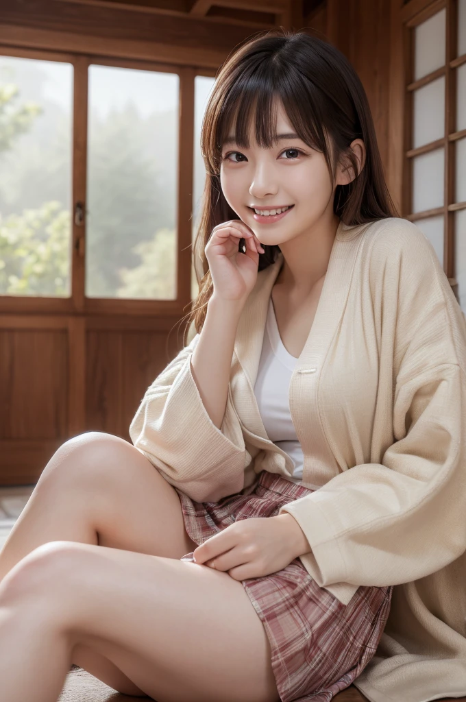 (8k, RAW photo, best quality, masterpiece:1.2), (realistic, photo-realistic:1.4), (extremely detailed 8k wallpaper), Japanese 20 age woman,She is wearing a housecoat,The background is a childhood friend's house,She is relaxing at home.She is wearing a skirt,Her face looks like she's smiling and having fun