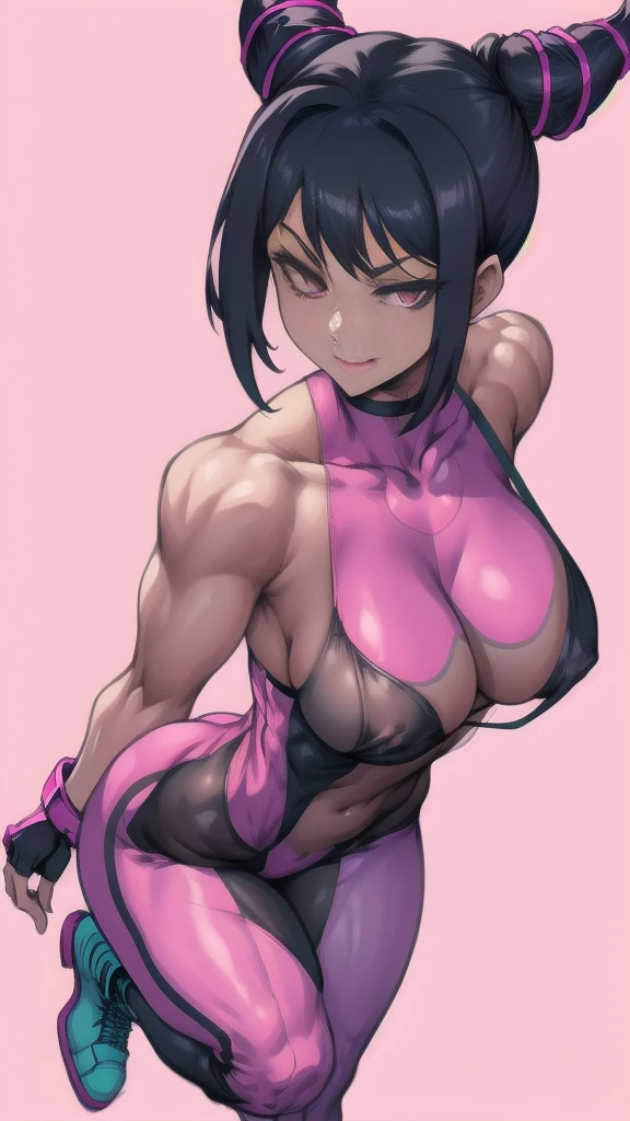 Full body image of Juri Han from Street Fighter 6, wearing her original outfit (purple and black bodysuit with pink accents, high boots, and fingerless gloves), short black hair styled in twin buns, female body, athletic and flexible body, dynamic pose, detailed pose, simple background, expressive face showing a mischievous grin, focus on face, line art, sketch.

