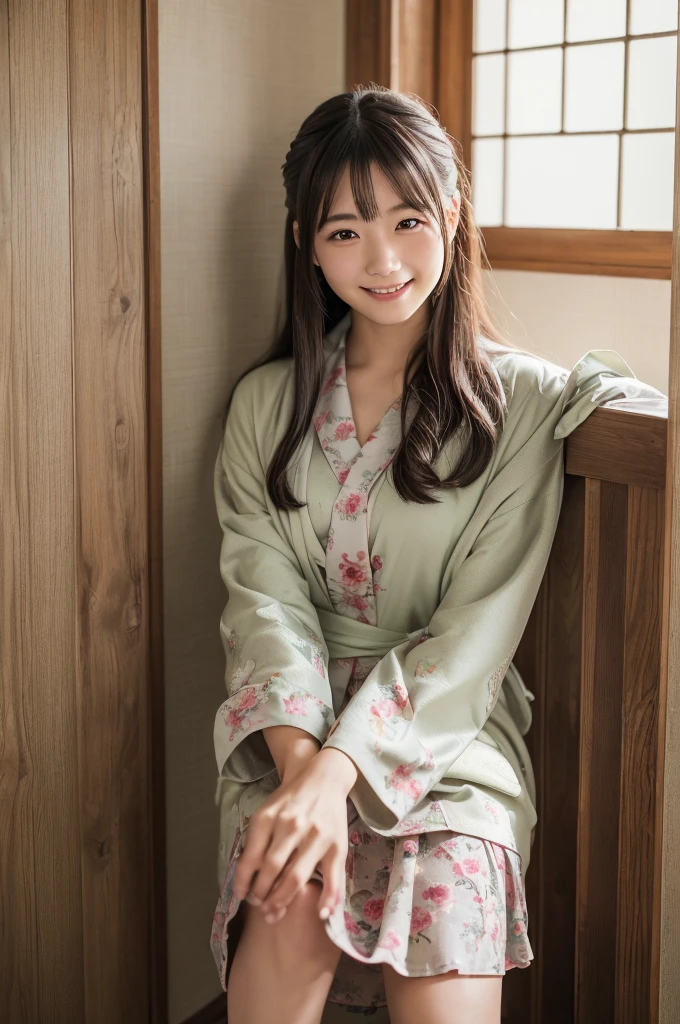 (8k, RAW photo, best quality, masterpiece:1.2), (realistic, photo-realistic:1.4), (extremely detailed 8k wallpaper), Japanese 20 age woman,She is wearing a housecoat,The background is a childhood friend's house,She is relaxing at home.She is wearing a skirt,Her face looks like she's smiling and having fun,she is doing her homework