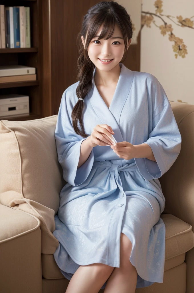 (8k, RAW photo, best quality, masterpiece:1.2), (realistic, photo-realistic:1.4), (extremely detailed 8k wallpaper), Japanese 20 age woman,She is wearing a housecoat,The background is a childhood friend's house,She is relaxing at home.She is wearing a skirt,Her face looks like she's smiling and having fun,she is doing her homework