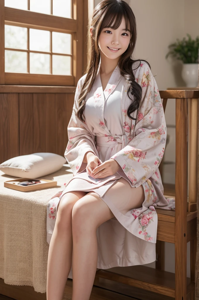 (8k, RAW photo, best quality, masterpiece:1.2), (realistic, photo-realistic:1.4), (extremely detailed 8k wallpaper), Japanese 20 age woman,She is wearing a housecoat,The background is a childhood friend's house,She is relaxing at home.She is wearing a skirt,Her face looks like she's smiling and having fun,she is doing her homework