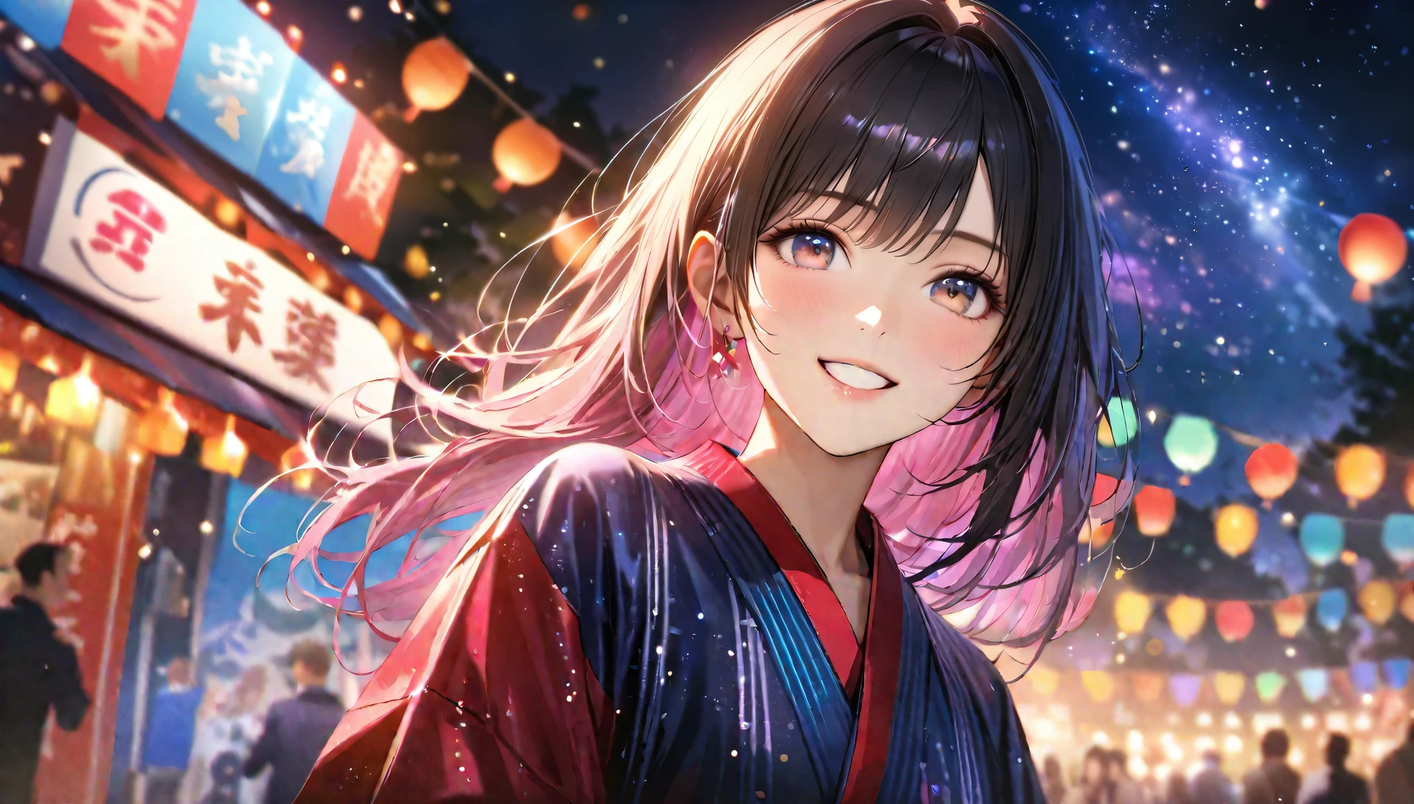 Summer festival,night, Starry Sky,yukata,Having a fan,Gazing at the sky,Blur the background,high school girl,smile,Glitter effect,Highest quality, 8k, High resolution, masterpiece:1.2, Very detailed, Realistic:1.37, High resolution, 超High resolution, Ultra-fine painting, Very detailed, Professional, Vibrant colors