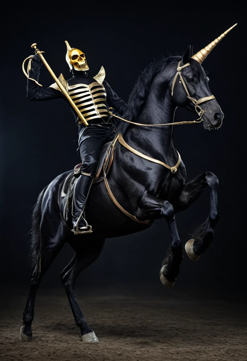 Skeleton riding a black horse with a horn in his hand