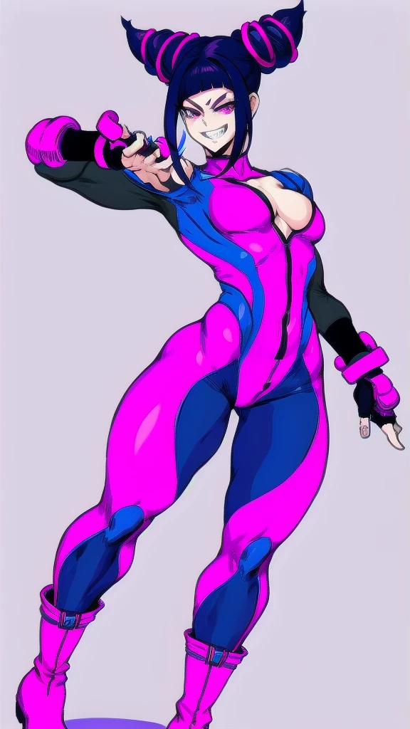 Full body image of Juri Han from Street Fighter 6, wearing her original outfit (purple and black bodysuit with pink accents, high boots, and fingerless gloves), short black hair styled in twin buns, female body, athletic and flexible body, dynamic pose, detailed pose, simple background, expressive face showing a mischievous grin, focus on face, line art, sketch.
