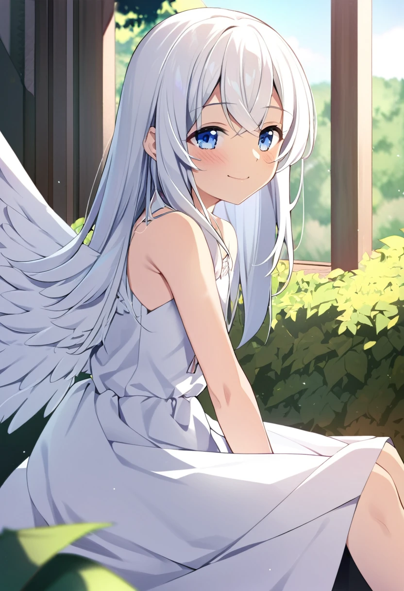 one girl, pure white angel, 13 years old, white dress, sitting, light blue eyes, big angel wing, happily, blush, look at me, naive, angel rings, white hair