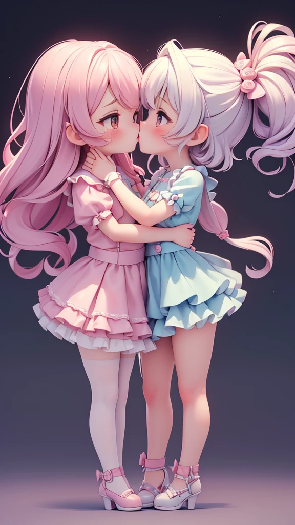 (((yuri, lesbian kiss))), ((petite bishojo, little 2girls)), ((cute face)), ((cute puffy eyes)), ((masterpiece)), ((best quality)), ((ultra detailed)), ((exquisite)), ((depth)), ((crisp)), ((8k)), ((beautiful and aesthetic)), (super detailed skin), ((high standard)), ((highres)), ((perfect anatomy)), (full body), (blush), (rouge), (wuv, cutesy dolly)