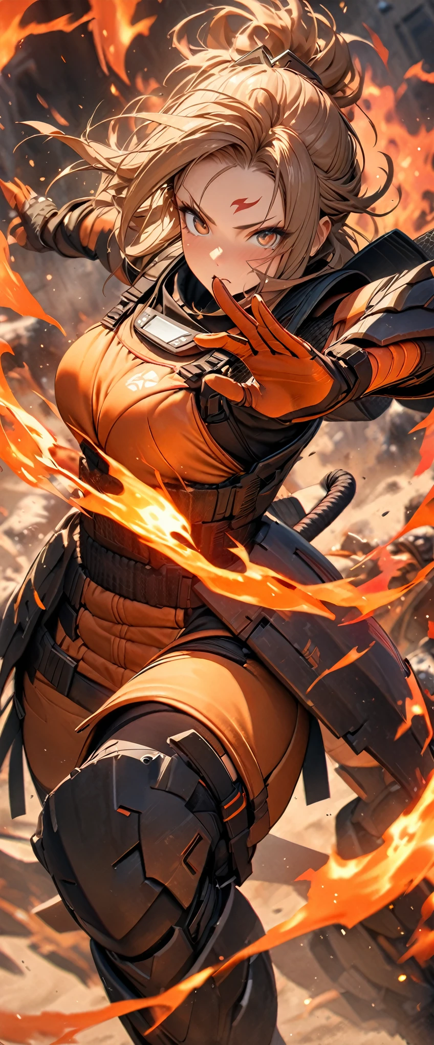 (masterpiece),(Highest quality),(High resolution),(Very detailed),8k,wallpaper,(Armored Core Style),Woman in ninja robot armor,(Tactical Forehead Protector),Random Hairstyles,(Fire Ninja),(Orange body),(Detailed face),((Cowboy Shot)),(The background is a blazing flame:1.3),(dynamic),(Making a Ninja Sign:1.3),(action shot),((Detailed hands,Beautiful female hands)),(Hand,detailed,perfect,perfection,hands)