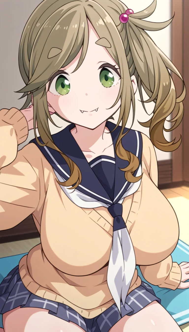 Aoi Inuyama,NSFW, loose camp, medium hair, chest, bangs, brown hair, hair ornament, side ponytail, flowing bangs, thick eyebrows, hair bobble, skin fangs, green eyes, fangs, sailor color, sweater, Motosu , yellow Sweater, white neckerchief, pleated skirt, thighs, breasts exposed, big breasts