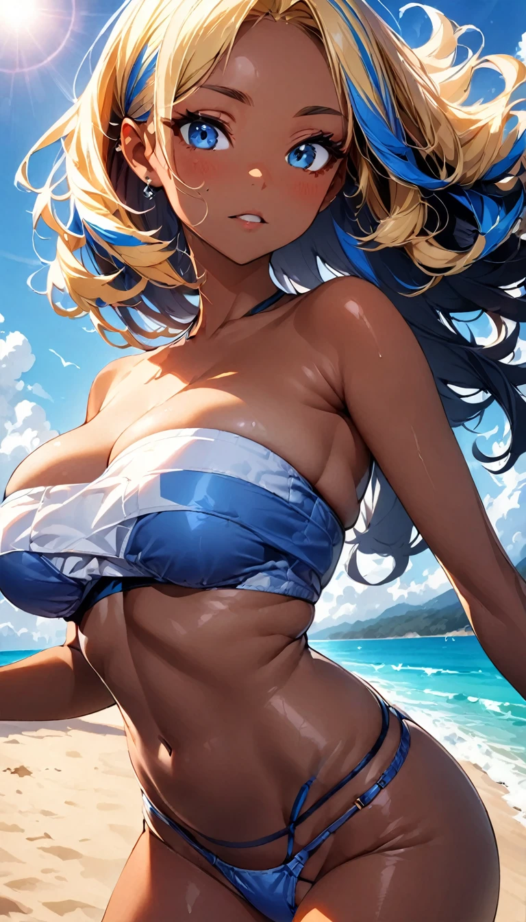 (highest quality:1.2, Very detailed, up to date, Vibrant, Ultra-high resolution, High Contrast, masterpiece:1.2, highest quality, Best aesthetics), Portraiture、girl、slim, Bright colors、Beautiful fine details、Beautiful lip detail、long hair, ((wavy hair:0.6))、messy hair, blonde and blue ((streaked hair:1.1)), (highlights hair:1.3), (medium breast:1.4), (tan skin:1.3), beautiful beach, day, sun shine, blue sky, ((bandeau bikini:1.8)), (blue Thong swimsuit:1.5), Cowboy shot,