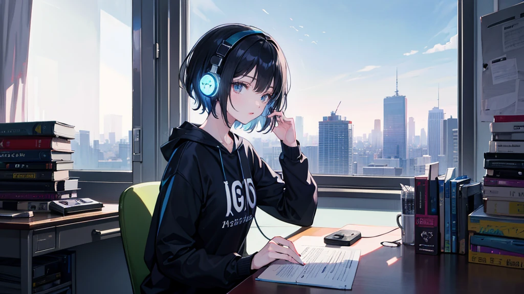 Black Short Hair, Black clothes, Adult woman looking to the side ,Blue headphones、 City of night, Delicate background、masterpiece、nightの街、night、dark、nostalgic、1 girl, 80s anime style, I have headphones on, Barely、Girl studying in room、It&#39;s raining outside、coffee, Retro, Lo-Fi