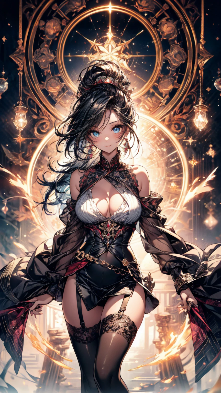 (Highest quality),(masterpiece), 8k,Very detailed, Detailed light, Best Shadow,Detailed face, Detailed reflective eyes, Beautiful Eyes, 非常にDetailed face,Shiny Hair,Big Breasts,One person,Medium gloss,Black Hair,blue eyes,Fantasy,magic circle,Glass Art,garter belt,tights,jewelry,Earrings, Beautiful thighs,Beautiful Skin, Glowing Skin, Perfect Fingers, Five Fingers,thin,smile,Blushing,Ninja,ダークFantasy,Enchanting,