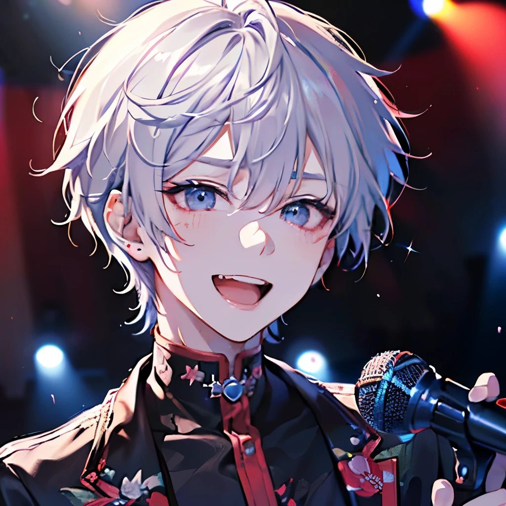 ((cute,kawaii,wonderland)),(Shy laugh、🥺),(Microphone Performance、Fansa:1.25),((Men's,Two men facing each other:1.2)),((Live Stage:1.25)),((Punk clothing:1.25)),((Male idols:1.15)),Looking up,((Live Stage:1.25)),(Short Hair:1.3),((red、White、Light、black:1.1)),((Close-up of face:1.4)),((looking front:1.25)).