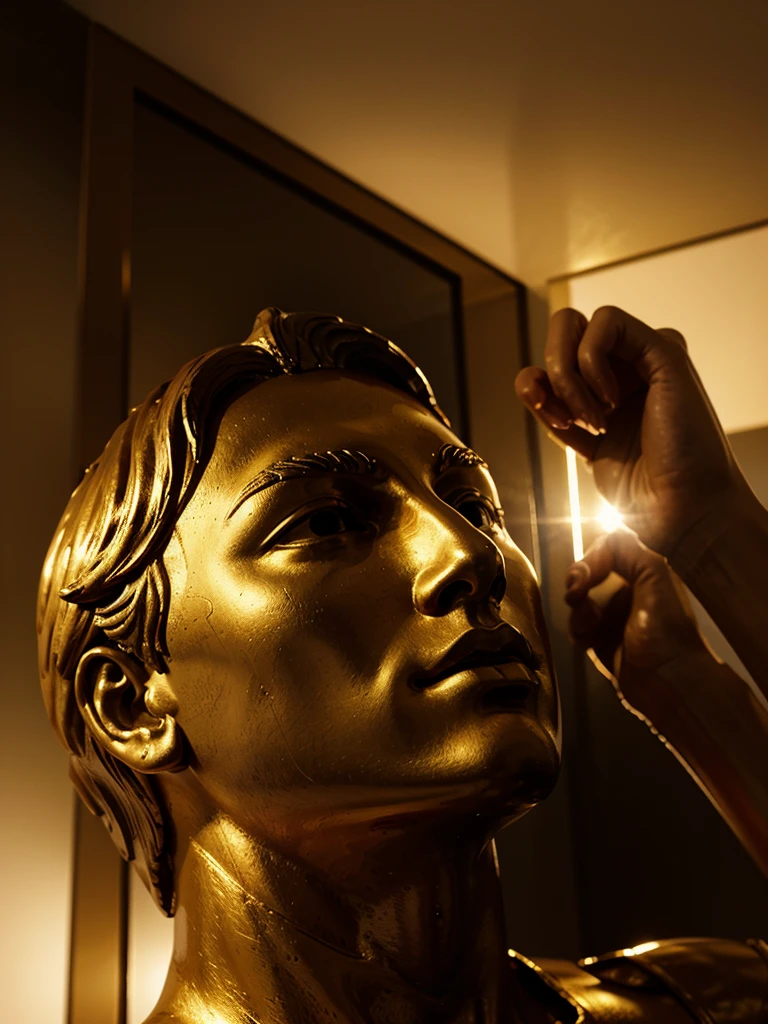 album cover: a woman ((maid)) cleaning a golden ((the only thing shadowed in the screen)) sculpture, masterpiece, brushwork, award-winning photorealism, trending on artstation, hyper detailed, award-winning album cover, insane details --auto --s2