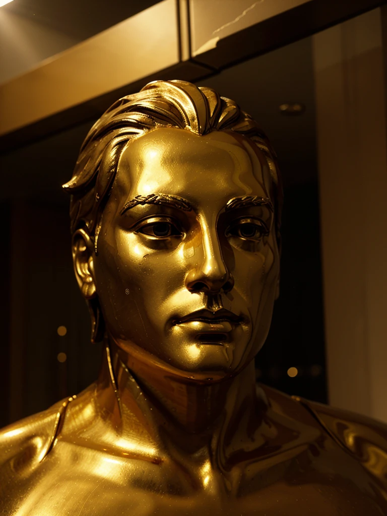 A golden statue of a man thinking whole touching his chin and and sitting, dramatic lighting