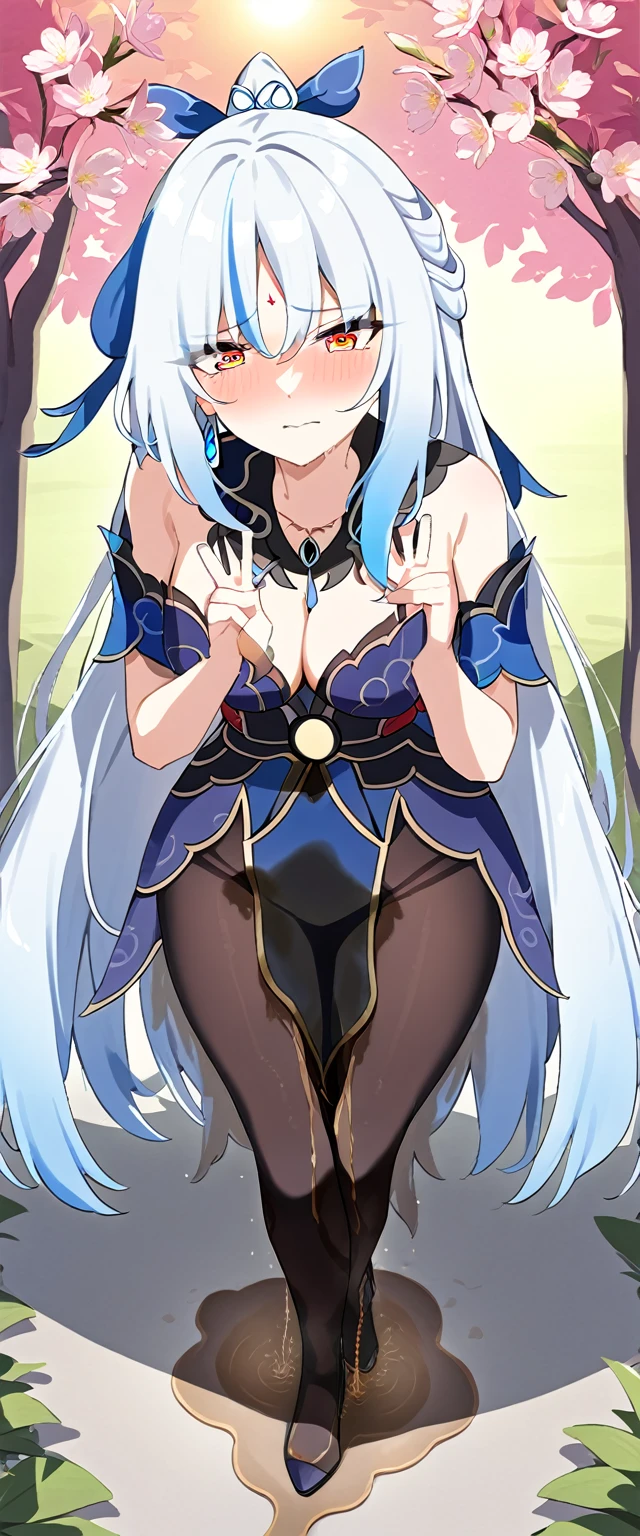 (masterpiece:1.37), best quality, (extremely detailed:1.37), (1girl:1.5), woman, (mature:1.5), (adult:1.5), jingliu, white hair, long hair, ponytail, hair ribbon, red eyes, earrings, jewelry, dress, pantyhose, (pelvic curtain:1.5), (extremely detailed eyes:1.37), (wetting self:2.0), desperation, (standing:1.75), embarrassed, humiliation, blushing, angry, cherry blossoms, garden, (golden hour:1.5), full body, (crossing legs:1.5), from above, (double peace sign:2.0), (torogao:2.0)
