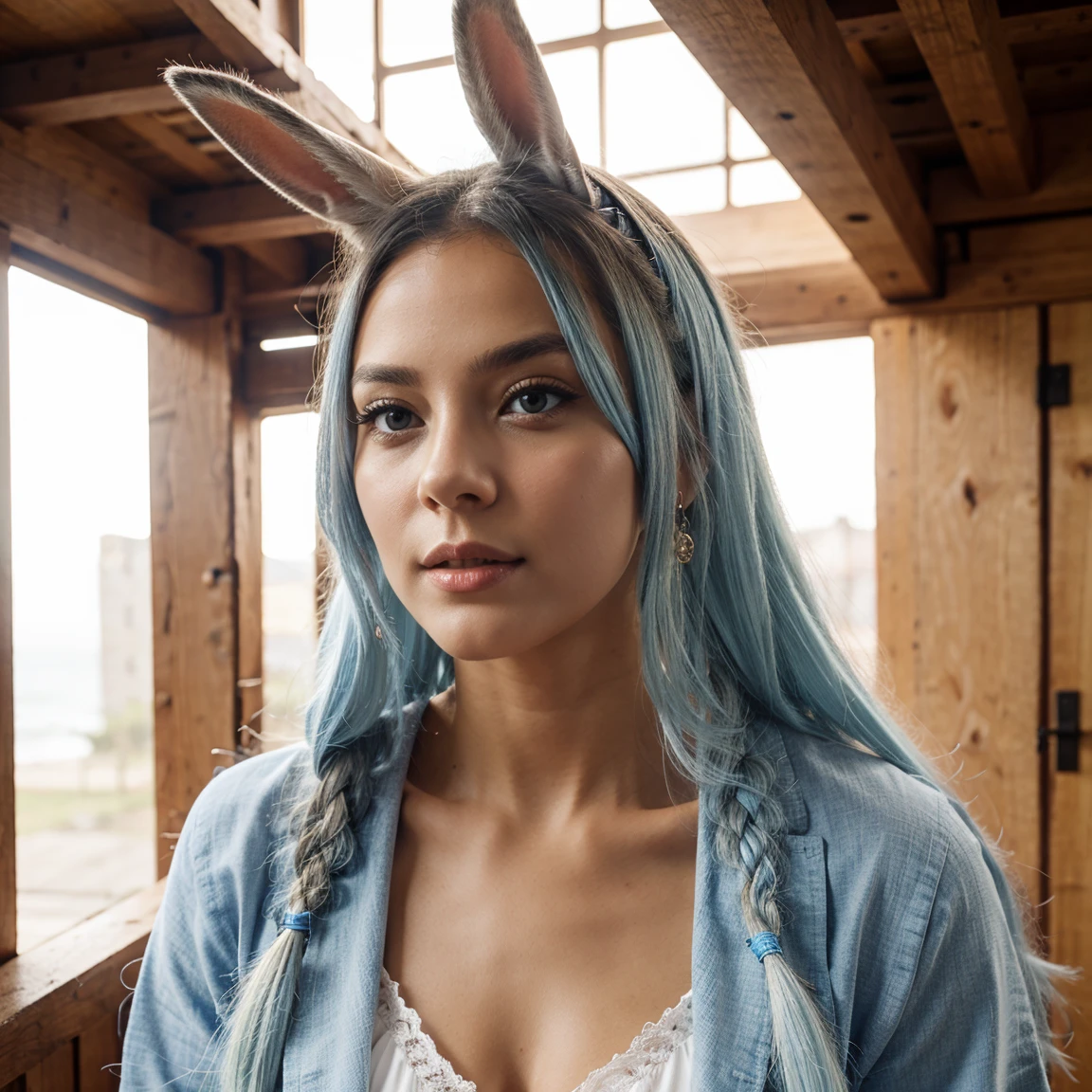 Horny rabbit girl with long braided hair (light blue hair)