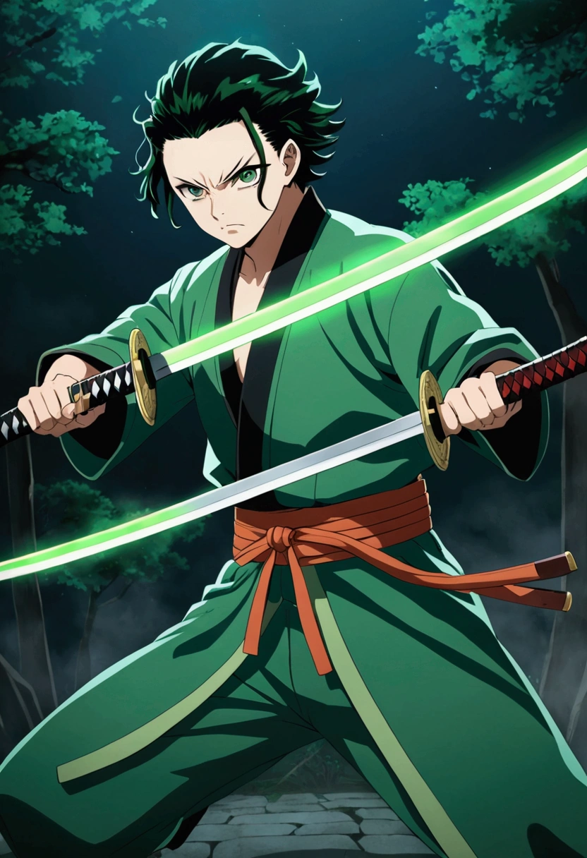 One guy, Kimetsu no Yaiba, katana, toxic breathing style, green clothes, green eyes, sword slash, green sword aura, night backround, fixed arms, detailed arms, detailed katana, human version, toxic aura swing, clip, anime scene, movement capture, mascular body, fighting scene, mad face, green aura