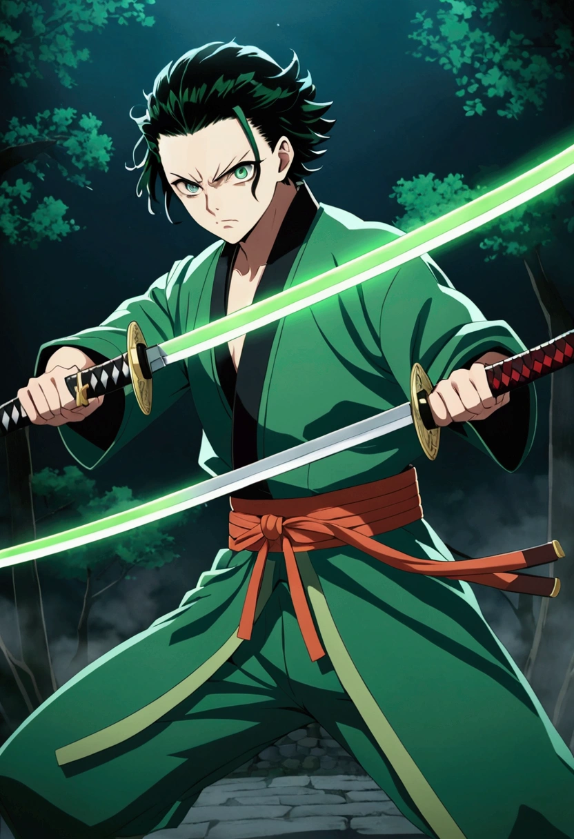 One guy, Kimetsu no Yaiba, katana, toxic breathing style, green clothes, green eyes, sword slash, green sword aura, night backround, fixed arms, detailed arms, detailed katana, human version, toxic aura swing, clip, anime scene, movement capture, mascular body, fighting scene, mad face, green aura