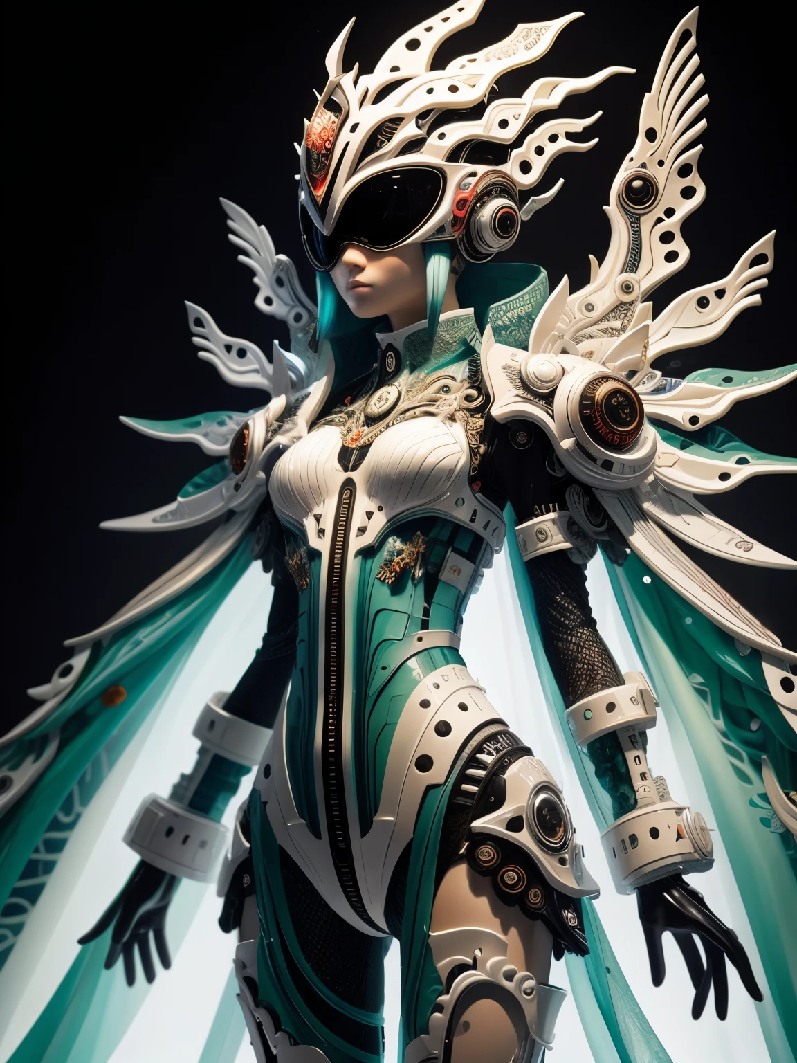 An Indonesian-styled futuristic suit worn by a girl depicting cultural fusion and modern fashion. The suit is adorned with intricate patterns and vibrant colors, showcasing the rich heritage of Indonesia. The girl stands confidently in a dynamic pose, with her detailed eyes reflecting determination and curiosity. The suit's material is a combination of traditional textiles and futuristic synthetic fabrics, giving it a unique and avant-garde appearance. The overall image quality is of the highest standard, with sharp focus and ultra-detailed rendering. The artwork employs physically-based rendering techniques, resulting in realistic lighting and shadows. The colors are vivid and vibrant, capturing the essence of Indonesian cultural aesthetics. The background features a fusion of modern architecture and traditional elements, creating a harmonious blend of the past and the future. The prompt explores the intersection of Indonesian culture, futuristic design, and the artistic representation of a confident girl
