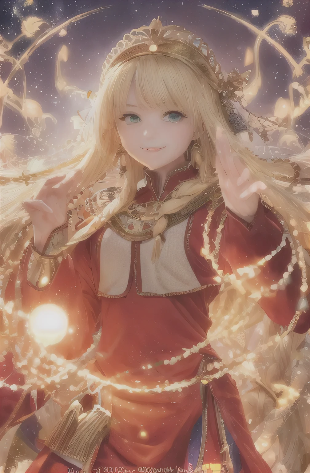 Highest quality, masterpiece, Upper Body,
(Adult:1.6) Ukrainian woman, (Grin:0.4), 
Braided blonde hair,
Emerald Eyes,
Medieval sundress,
 Floating light particles, Centered, Red clothes、Praying