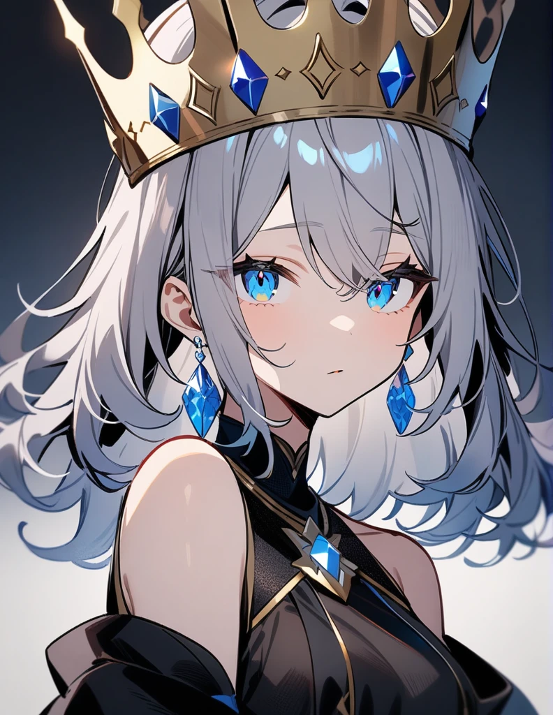 One girl, masterpiece, Shiny Hair, Grey Hair, Gradient color hairstyle, Wolf Cut, Crystal Earrings, blue eyes, Gradient colored eyes, Odd Eye, crown, 