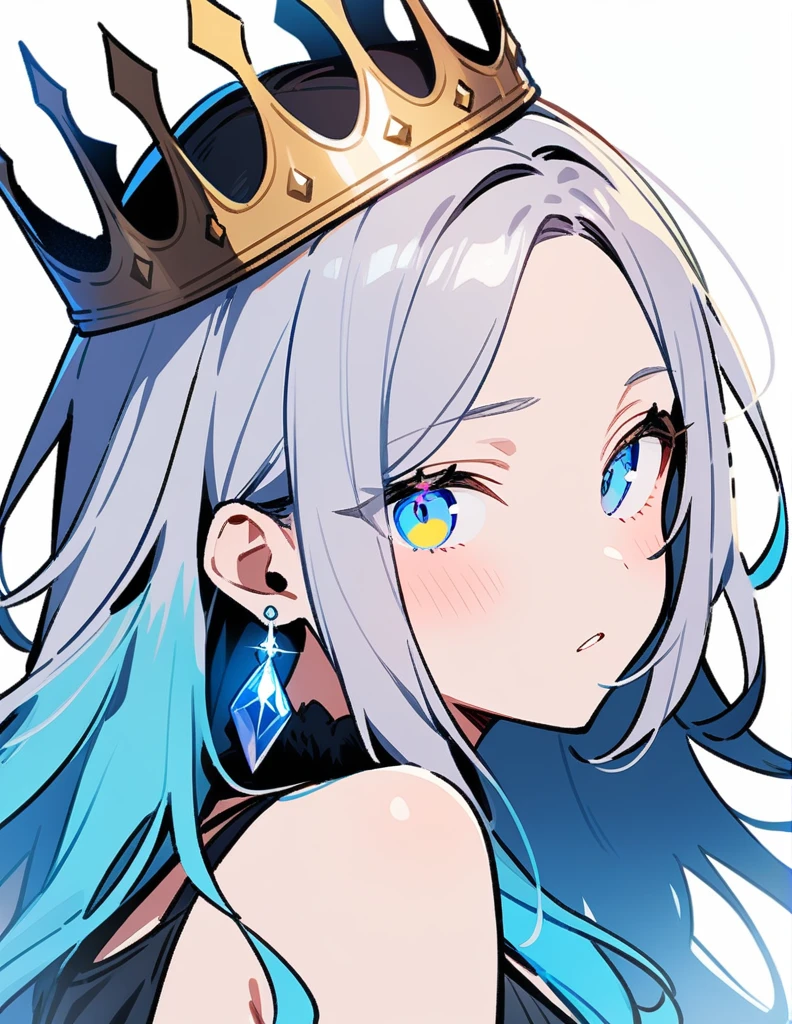 One girl, masterpiece, Shiny Hair, Grey Hair, Gradient color hairstyle, Wolf Cut, Crystal Earrings, blue eyes, Gradient colored eyes, Odd Eye, crown,