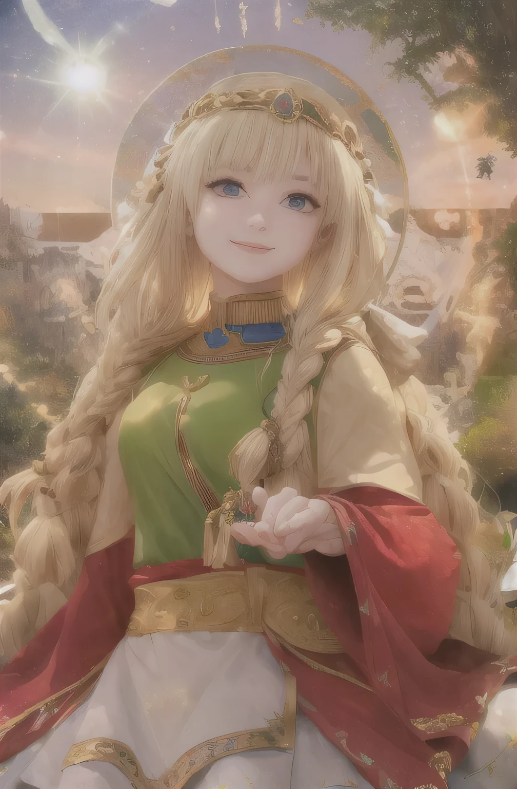 Highest quality, masterpiece, Upper Body,
(Adult:1.6) Ukrainian woman, (Grin:0.4), 
Braided blonde hair,
Emerald Eyes,
Medieval sundress,
 Floating light particles, Centered, Red clothes、Praying