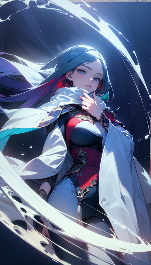 Elegant woman with cool red-purple, perfect eyes, detailed eyes, heterochromia eyes, wearing a red dress, black trousers, (top quality, 8k, high, masterpiece), highly detailed facial features, intricate details, natural lighting, warm color, soft focus, shawl covering body, long green hair, detailed hair, adult female, big breasts.