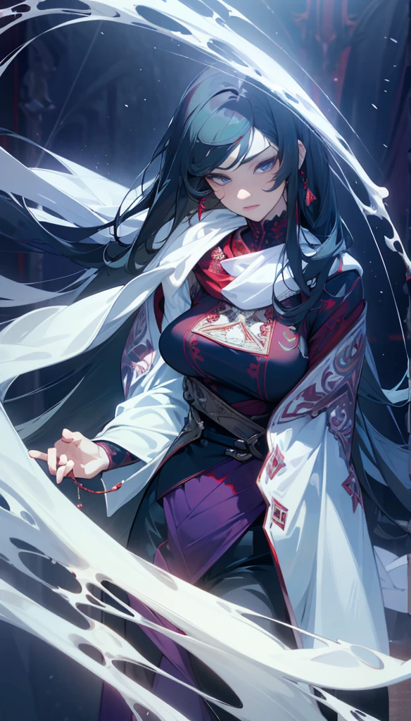 Elegant woman with cool red-purple, perfect eyes, detailed eyes, heterochromia eyes, wearing a red dress, black trousers, (top quality, 8k, high, masterpiece), highly detailed facial features, intricate details, natural lighting, warm color, soft focus, shawl covering body, long green hair, detailed hair, adult female, big breasts.